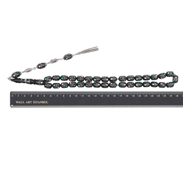Mastercrafted Original Oltu Stone Tasbeeh with Turquoise Inlay and Silver Tassel – WATD844