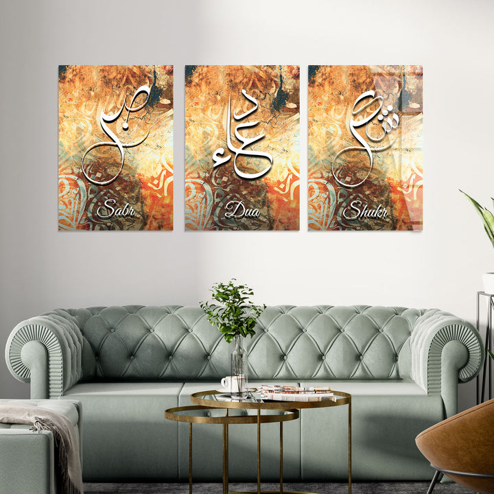 Sabr, Shukr, Dua Written Set of 3 Glass Islamic Wall Art - WTC054