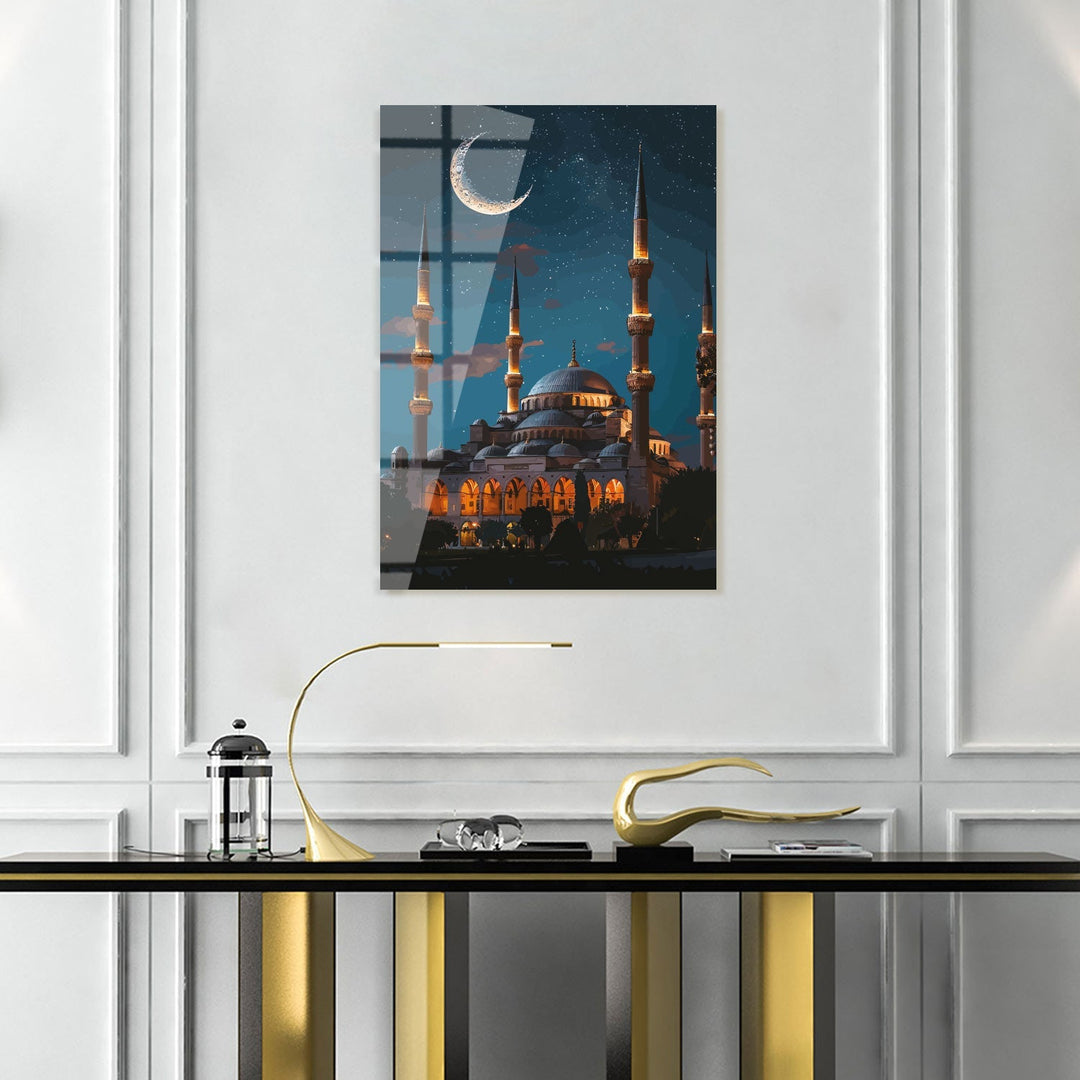 Moonlit Blue Mosque Glass Islamic Wall Art - WTC060