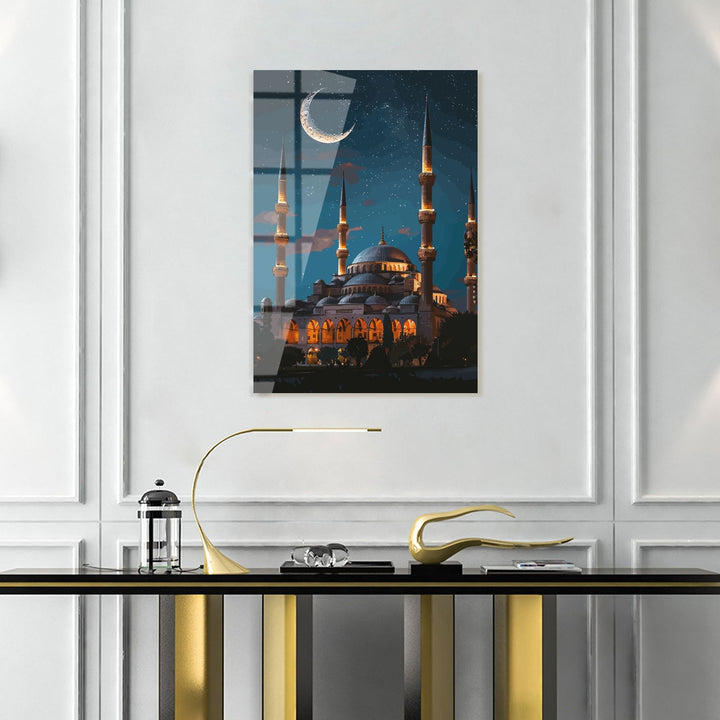 Moonlit Blue Mosque Glass Islamic Wall Art - WTC060
