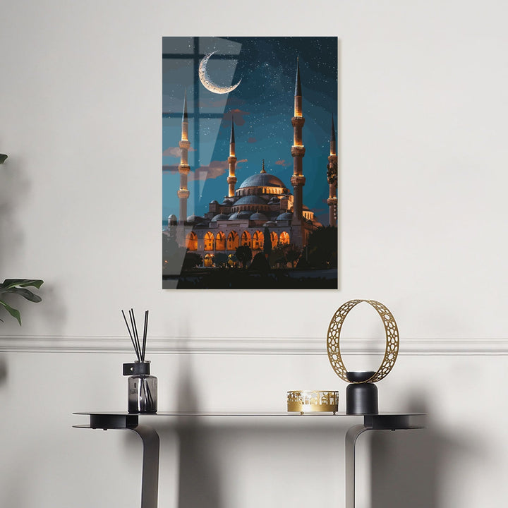 Moonlit Blue Mosque Glass Islamic Wall Art - WTC060