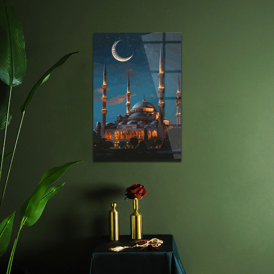 Moonlit Blue Mosque Glass Islamic Wall Art - WTC060