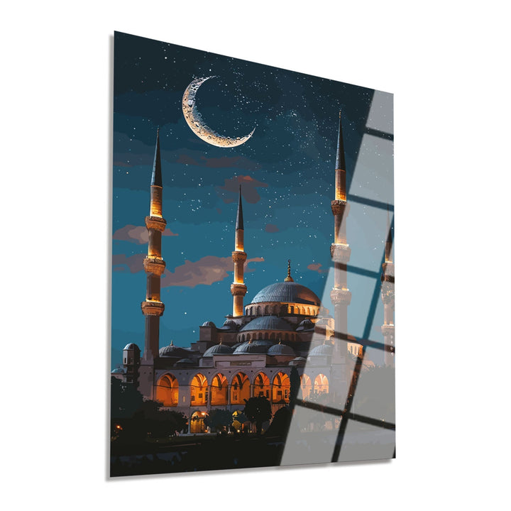 Moonlit Blue Mosque Glass Islamic Wall Art - WTC060
