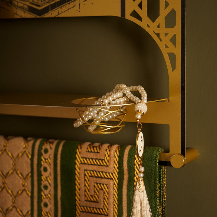 Metal Prayer Rug Holder &amp; Islamic Wall Shelf with Kaaba &amp; Salah Dua - WAMH180