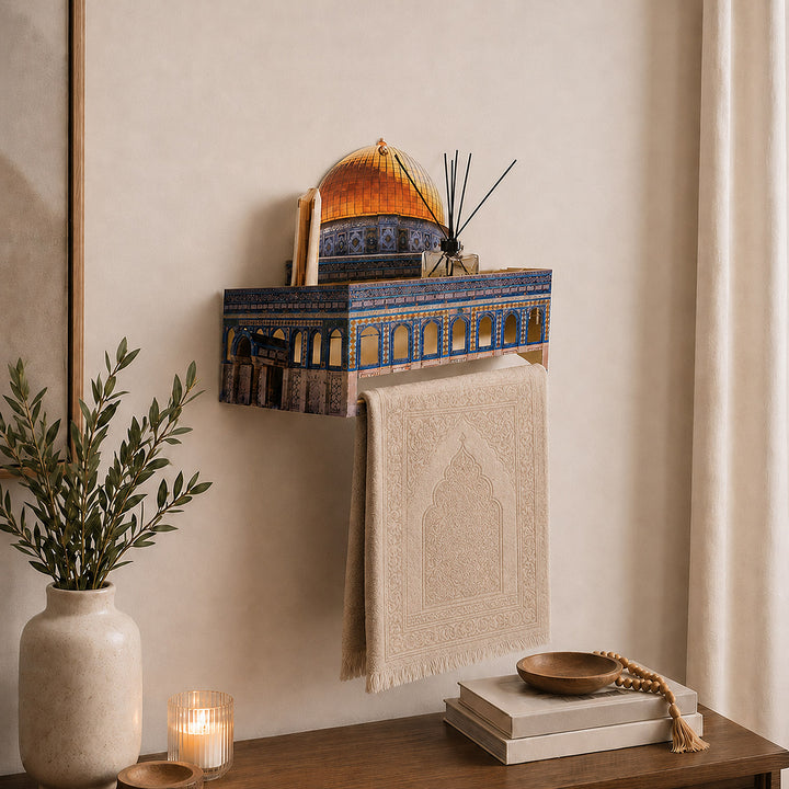 3D Metal Prayer Rug Holder &amp; Wall Shelf with Al-Masjid Al-Aqsa - WAMH181