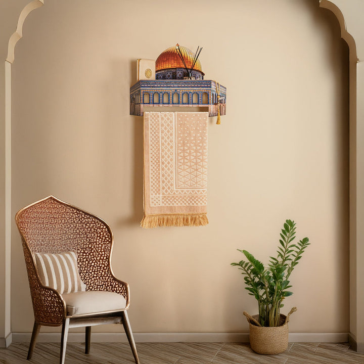 3D Metal Prayer Rug Holder &amp; Wall Shelf with Al-Masjid Al-Aqsa - WAMH181