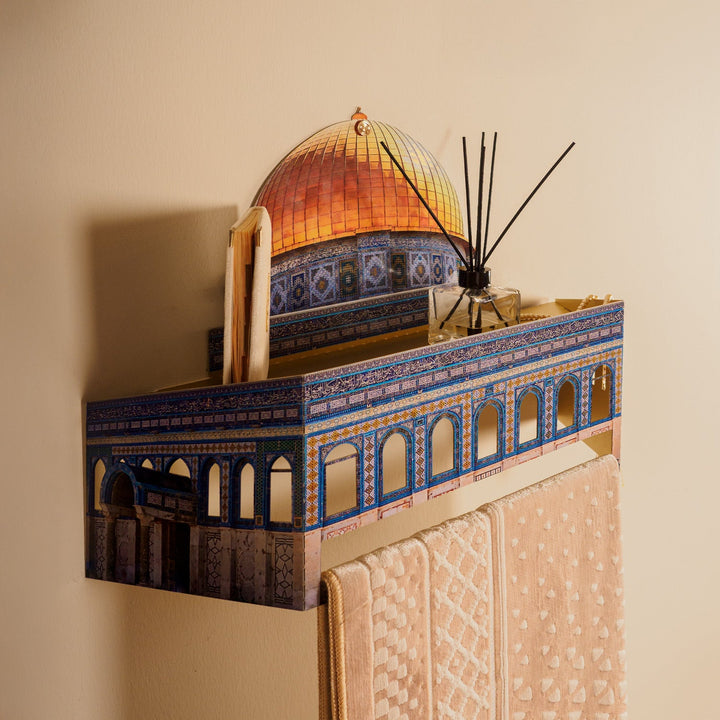 3D Metal Prayer Rug Holder &amp; Wall Shelf with Al-Masjid Al-Aqsa - WAMH181