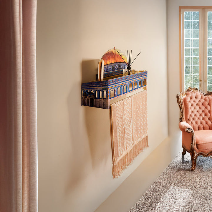 3D Metal Prayer Rug Holder &amp; Wall Shelf with Al-Masjid Al-Aqsa - WAMH181