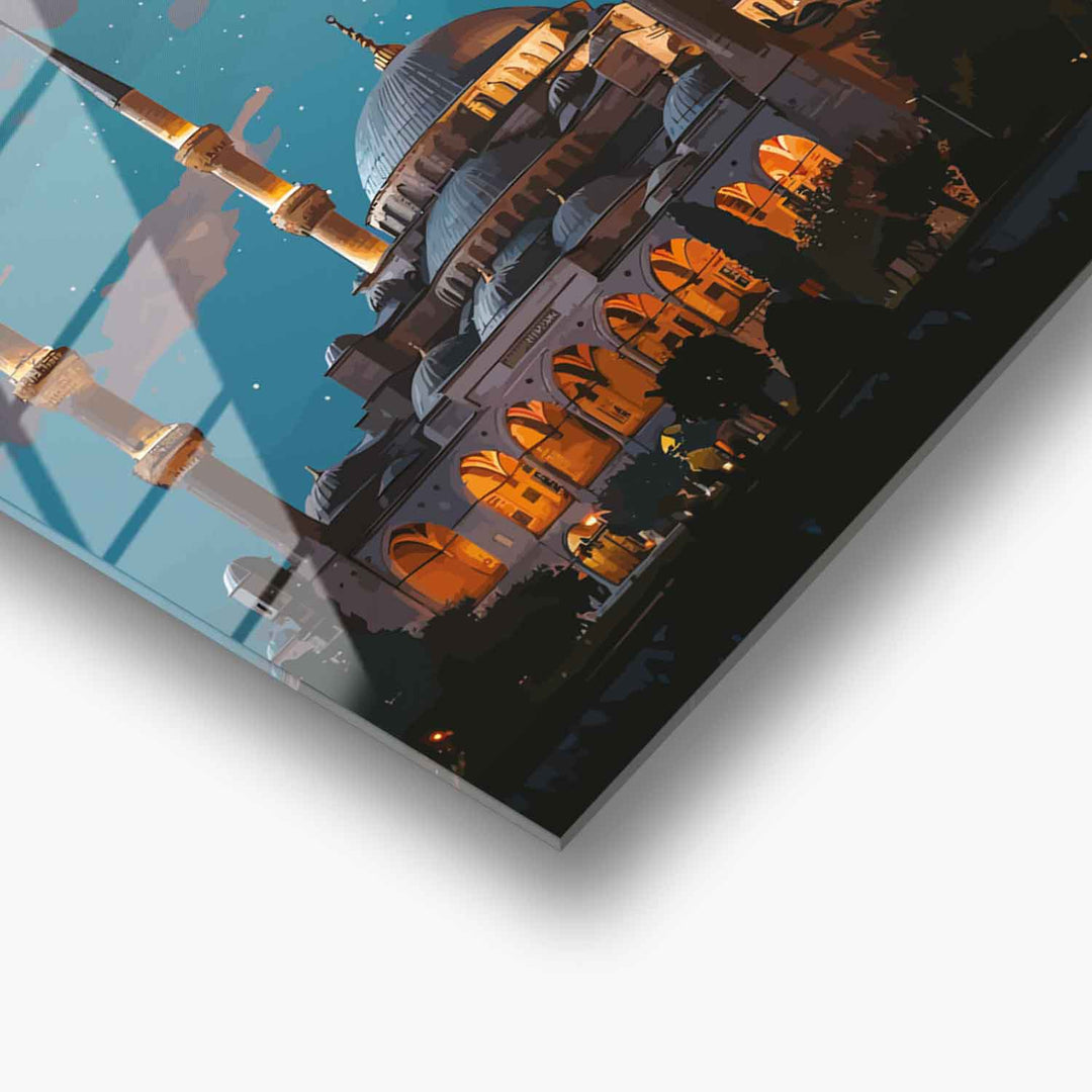 Moonlit Blue Mosque Glass Islamic Wall Art - WTC060