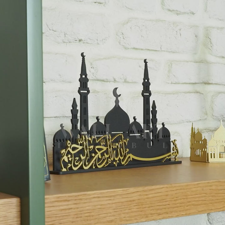 Bismillah Written Metal Islamic Tabletop Decor with Mosque Silhouette, ramadan mubarak, ramadan decor set, eid mubarak gifts, muslim home decor, arabic calligraphy, golden ramadan set, islamic decorations, decorative crescent, moon and star decor, ramadan table decor, ramadan celebration, traditional eid decor, Metal Islamic Candle Holder, Ramadan Decoration for Home, Muslim Gift, Ramadan Decor, Ramadan Gifts, Muslim Home Table Decor, Eid Decoration, Eid, Ramadan, Ramadan Decoration
